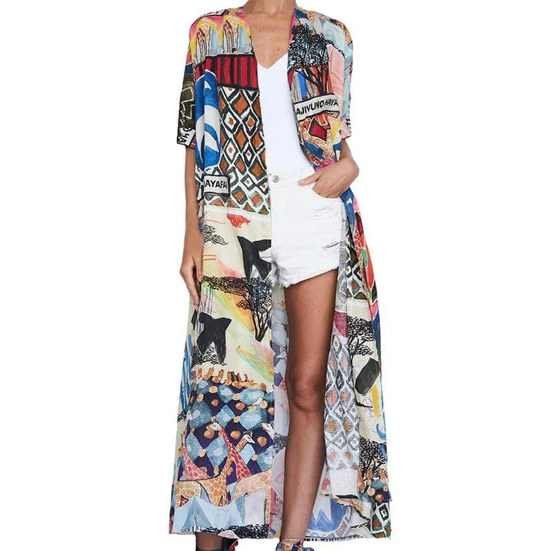 ladies cover-up fast ship -Bohemian Half-Sleeve Maxi Kimono