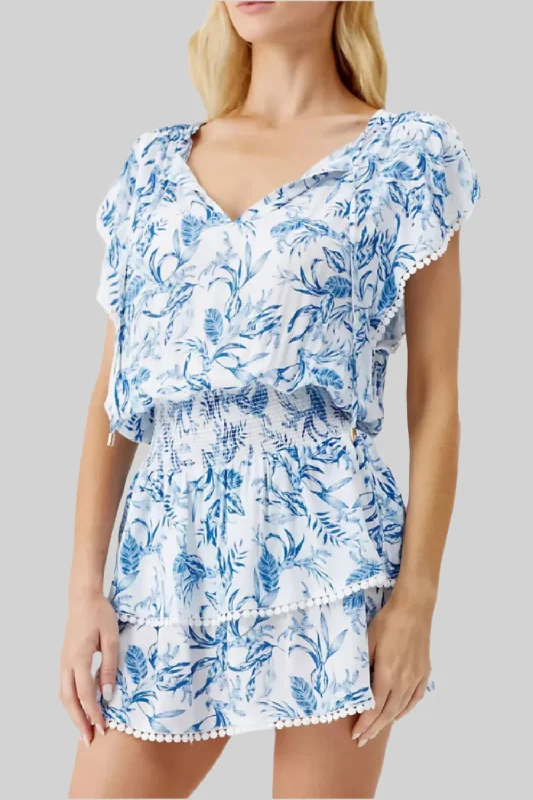 ladies cover-up flared hem -Keri Short Dress in Blue Leaf