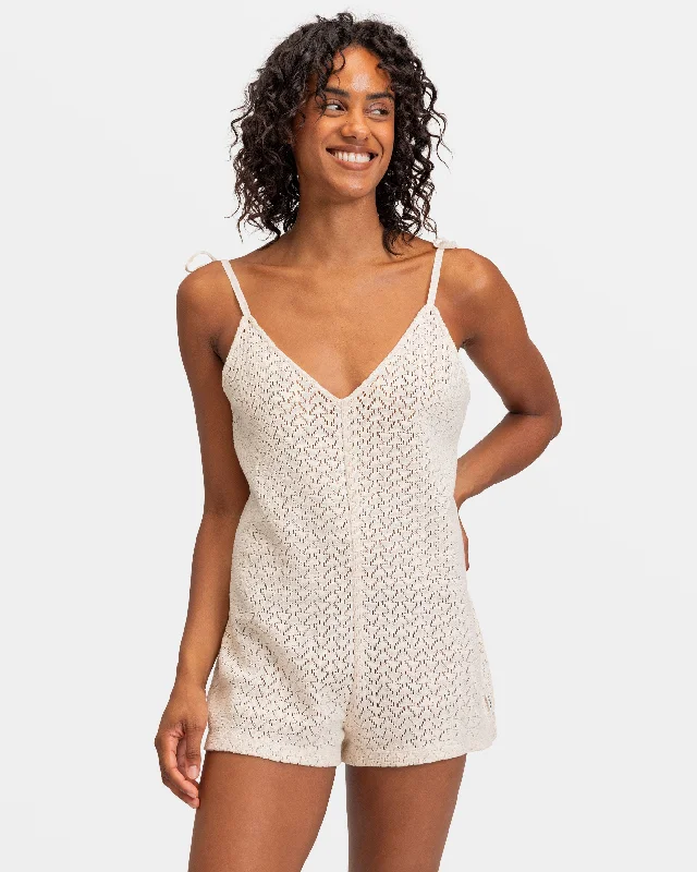 ladies cover-up zip front -Ocean Riders Crochet Beach Romper - Tapioca