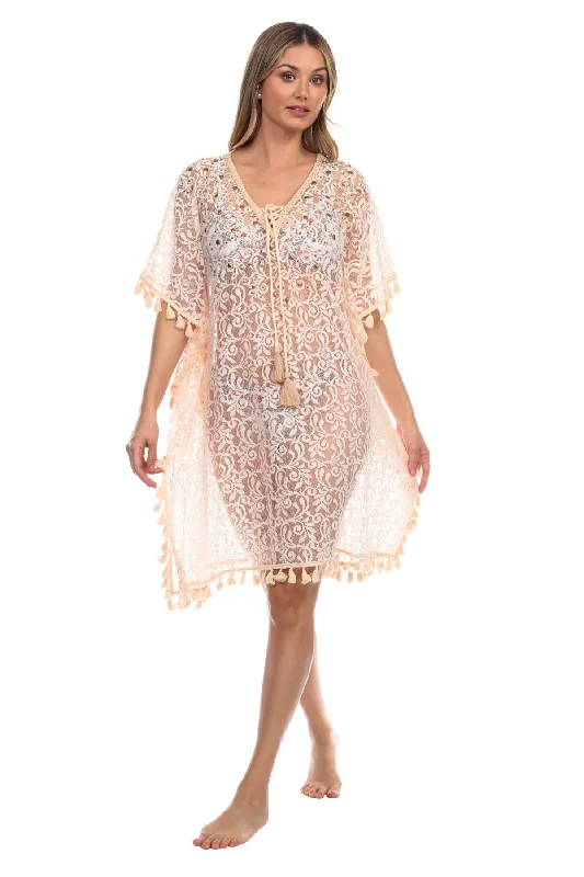 ladies cover-up jet black -Moda Lace Crochet Sheer Kaftan Cover Up