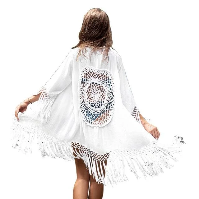 ladies cover-up small frame -Tassel-Crochet Beach Cover-Up