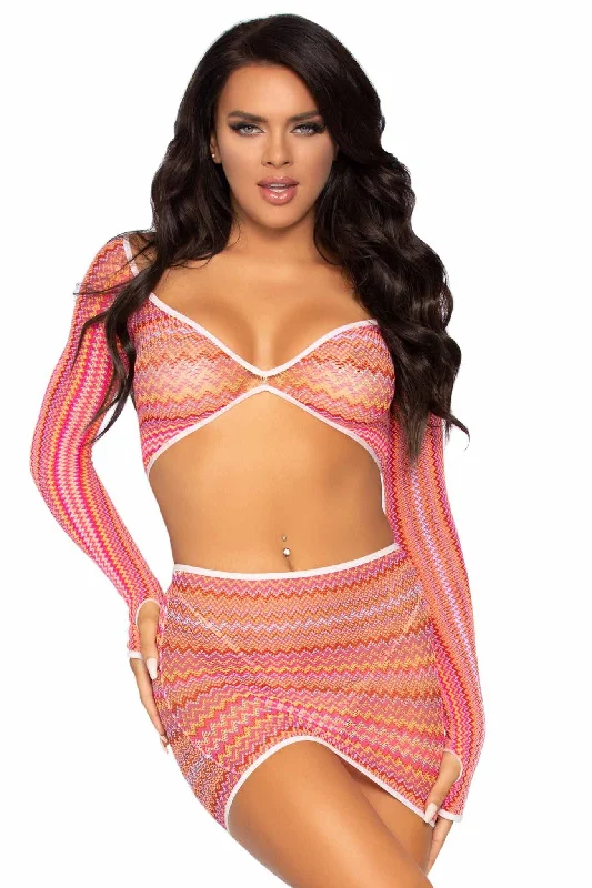 ladies cover-up budget buy -2 Piece Zigzag Net Gauntlet Sleeve Crop Top & Mini Skirt Set