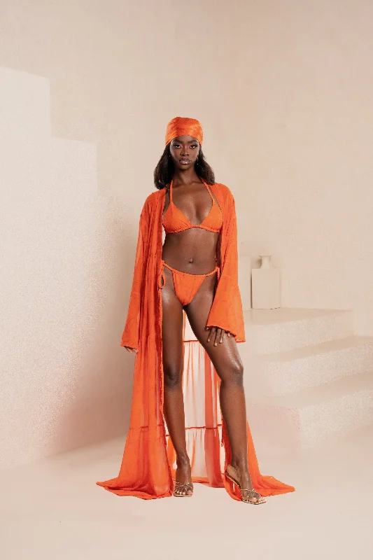 ladies cover-up fringed edges -IZA ORANGE LONG SLEEVE CHIFFON KIMONO