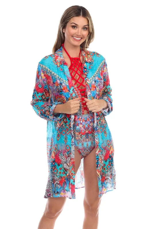 ladies cover-up drawstring closure -Ikat Blossom Easy Shirtdress Cover-Up