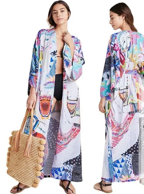 ladies cover-up soft tones -Abstract Print Maxi Kimono