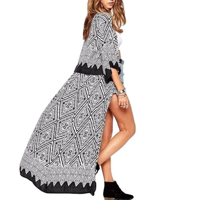 ladies cover-up fun print -Geometric Pattern Maxi Kimono