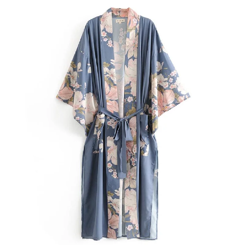 ladies cover-up pool chic -Floral Print Satin Maxi Kimono