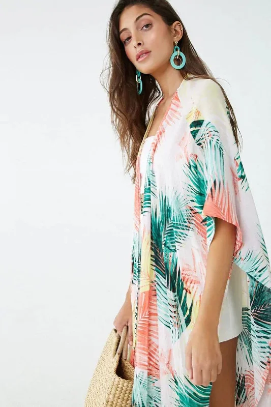 ladies cover-up fall wrap -Tropical Print Half-Sleeve Kimono