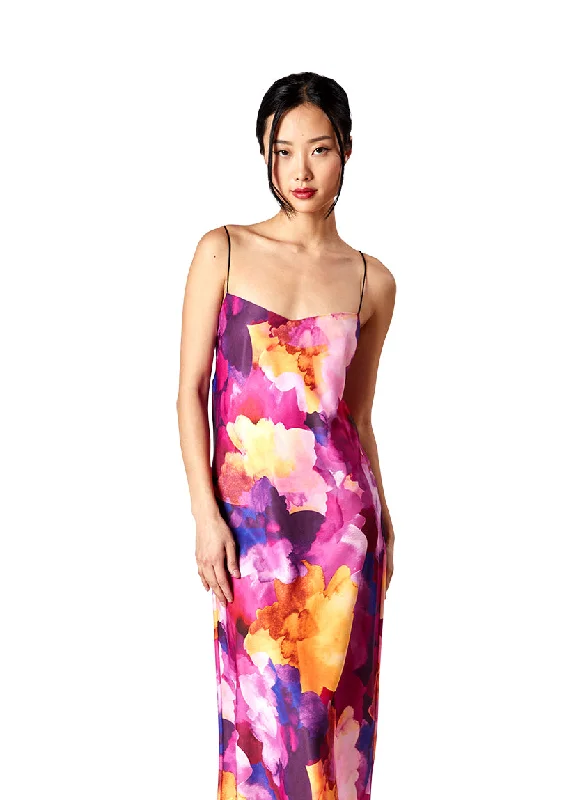 ladies cover-up drawstring closure -Silky Watercolor Bias-Cut Maxi Dress