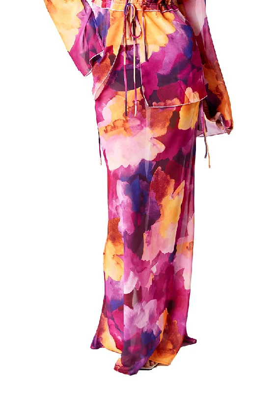 ladies cover-up open front -Chiffon Watercolor Floral Maxi Skirt with Ties