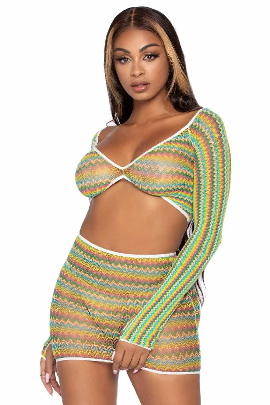 ladies cover-up honeymoon chic -2 Piece Zigzag Net Gauntlet Sleeve Crop Top & Mini Skirt Set