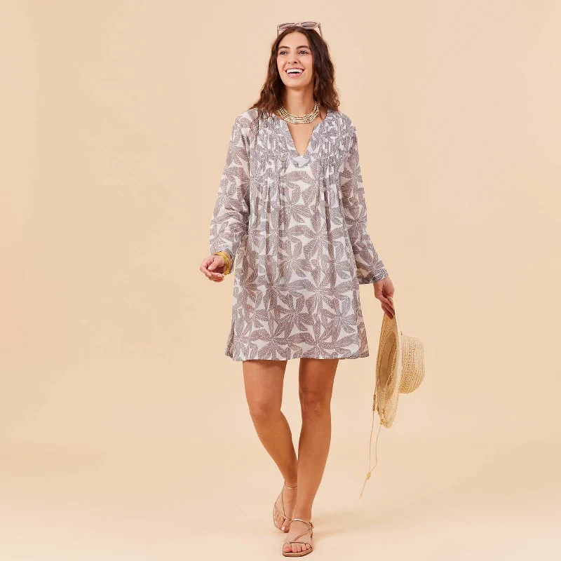 ladies cover-up discount offer -Palm Leaves Grey blu Cotton Pintuck Beach Cover Up