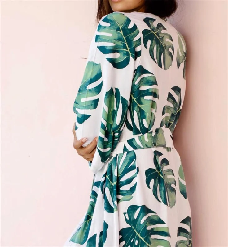 ladies cover-up sleek style -Leaf Print Half-Sleeve Maxi Cover-Up