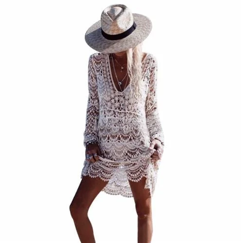 ladies cover-up swim day -Floral Crochet Long-Sleeve Beach Cover-Up