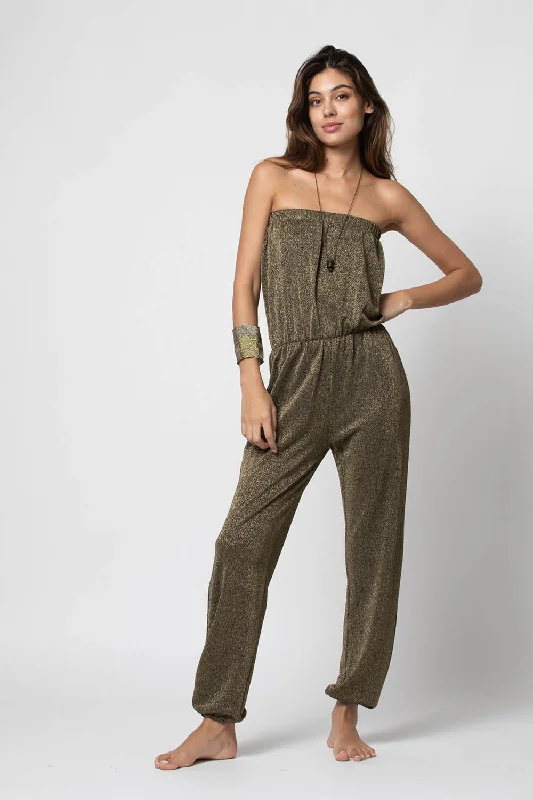 ladies cover-up narrow sleeves -Glitter Tube-Top & Trousers Jumpsuit in Gold/Khaki