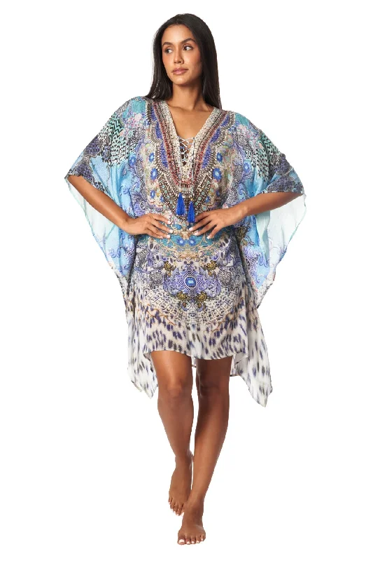 ladies cover-up bright teal -Luxury Silk Caftan Dress