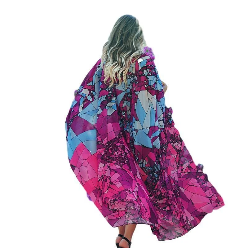 ladies cover-up vintage charm -Geometric Print Maxi Kimono