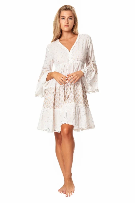 ladies cover-up gathered front -Tracy Flowy Flared Sleeve Casual Mini Dress