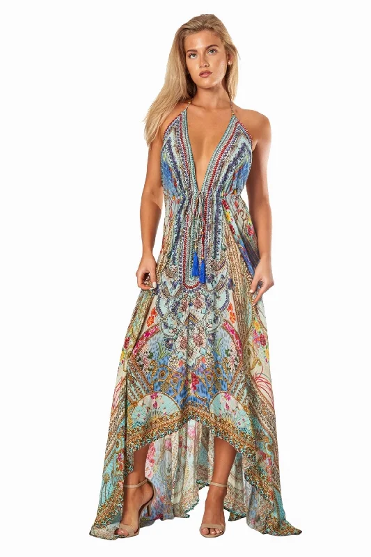 ladies cover-up vintage charm -Queens Garden High-Low Halter Handkerchief Long Dress for Beach Party