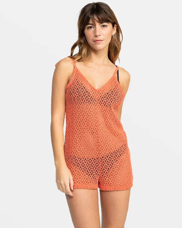 ladies cover-up urban beach -Ocean Riders Crochet Beach Romper - Apricot Brandy