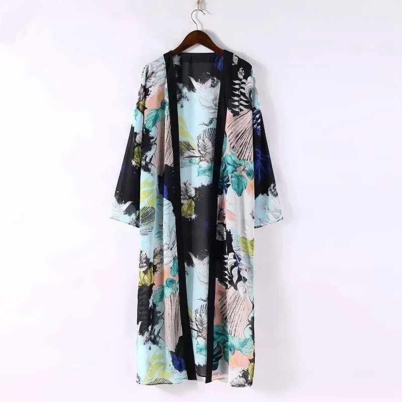 ladies cover-up lightweight weave -Floral Print Half-Sleeve Kimono