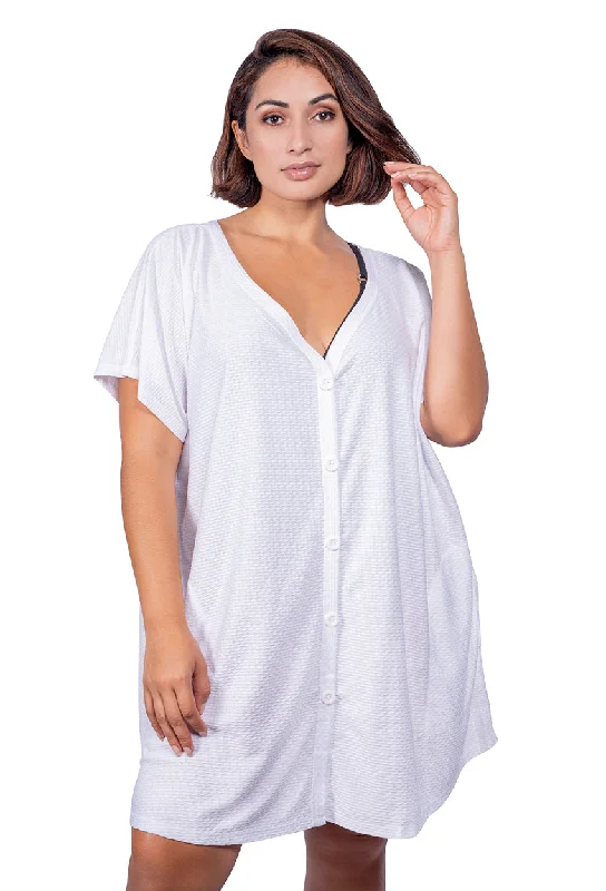 ladies cover-up single hue -BUTTON FRONT DRESS WITH POCKETS - PLUS SIZE