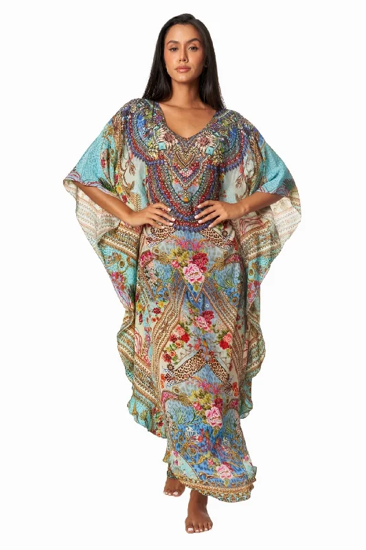 ladies cover-up winter escape -Queens Garden Lightweight Caftan Dress/Cover Up with V-Neck Jewels