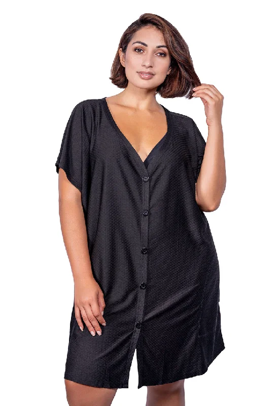 ladies cover-up cozy drape -BUTTON FRONT DRESS WITH POCKETS - WAFFLE - PLUS SIZE