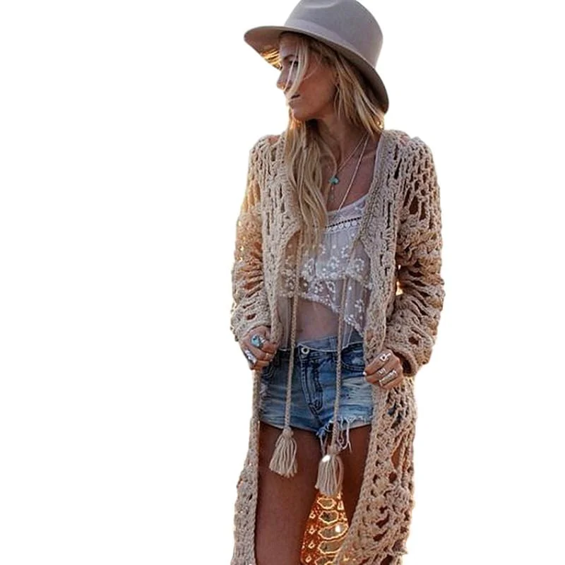 ladies cover-up long sleeve -Calypso Bohemian Knitted Cardigan