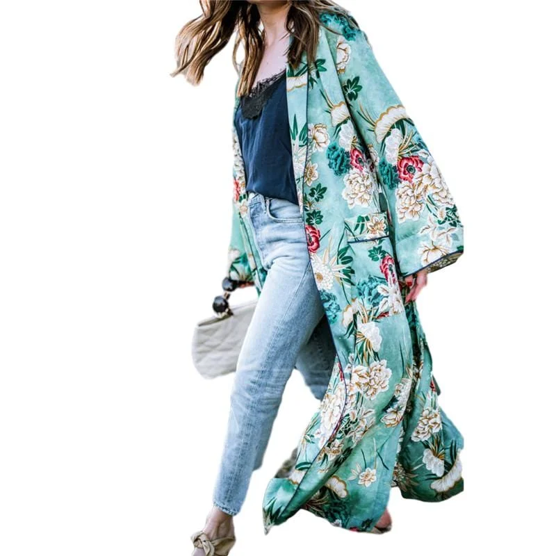 ladies cover-up tall fit -Colorful Floral Print Long-Sleeves Kimono