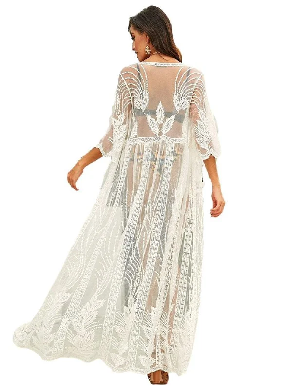 ladies cover-up loose flow -Floral Lace Maxi Cover-Up