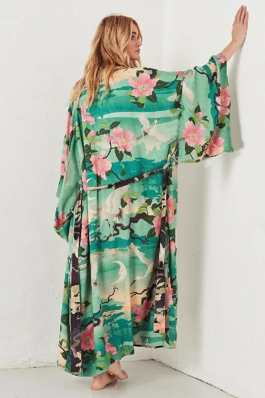 ladies cover-up mass made -Floral-Bird Print Maxi Kimono