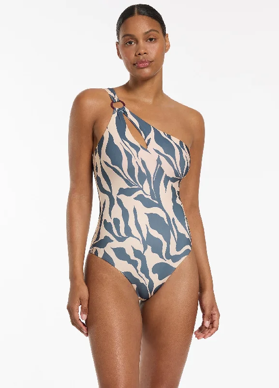 Women’s one-piece swimsuit smoky shade -Sereno One Shoulder Ring One Piece - Steel Blue