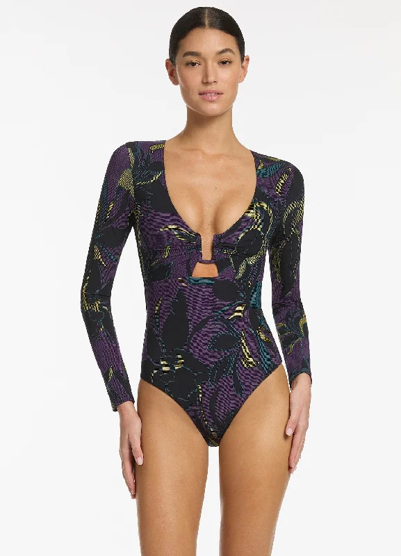 Women’s one-piece swimsuit nautical stripe -Midnight Tropical Cut Out Surfsuit - Amethyst