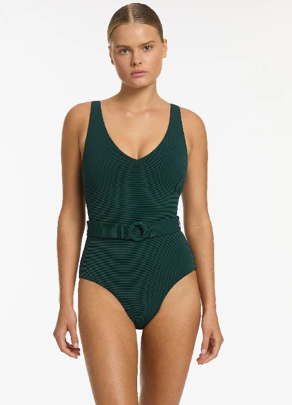 Women’s one-piece swimsuit towel wrap -Isla Rib V-Neckline Belted One Piece - Forest