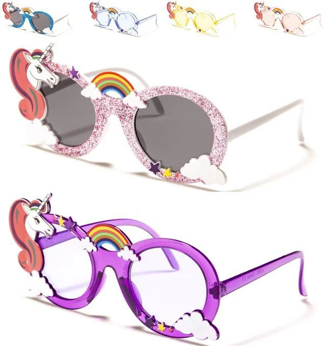 ladies sunglasses faint design -Kids Girls Unicorn Rainbow round glitter Sunglasses Age 3 years upwards