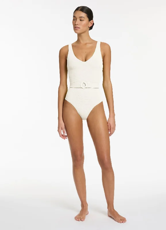 Women’s one-piece swimsuit junior vibe -Isla Rib V-Neckline Belted One Piece - Cream