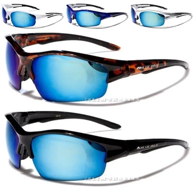 ladies sunglasses thin shield -Arctic Blue Big Mirrored Sports Cycling Sunglasses