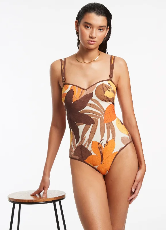 Women’s one-piece swimsuit ruched detail -Floreale Trim Tank One Piece - Latte