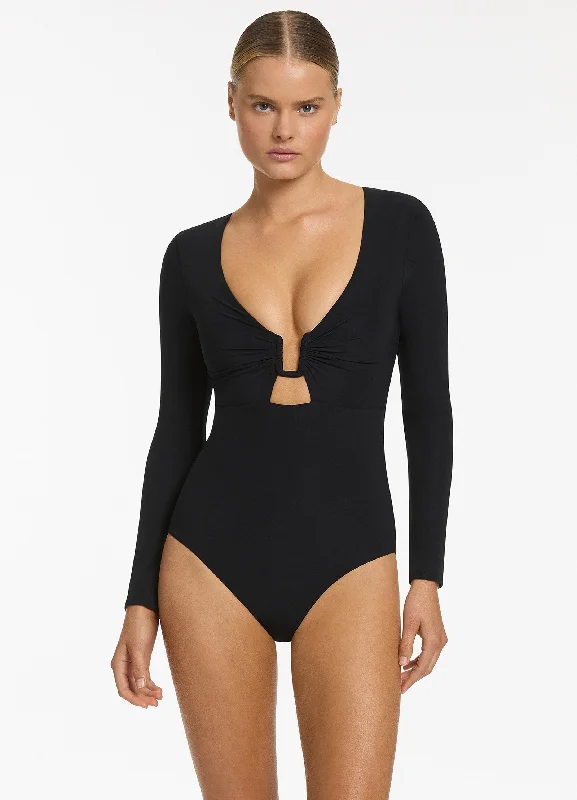 Women’s one-piece swimsuit pool slide -Midnight Tropical Cut Out Surfsuit - Black