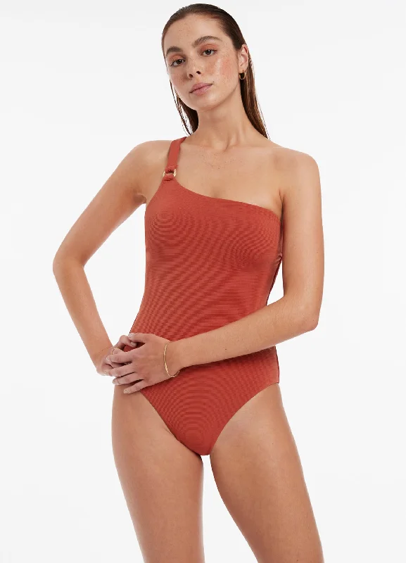 Women’s one-piece swimsuit sunblock ready -Isla Rib One Shoulder One Piece - Russet