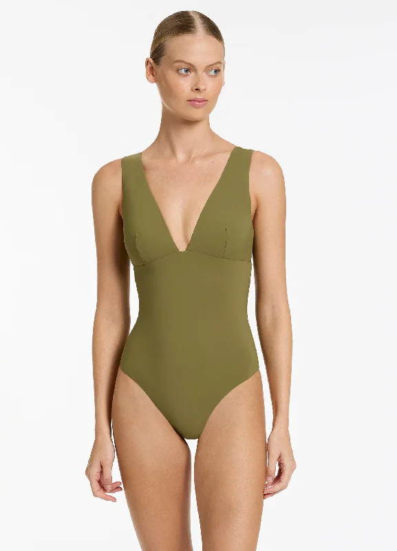 Women’s one-piece swimsuit yoga stretch -Jetset Plunge One Piece - Moss