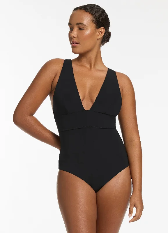 Women’s one-piece swimsuit beaded glow -Jetset Plunge Tie Back One Piece - Black