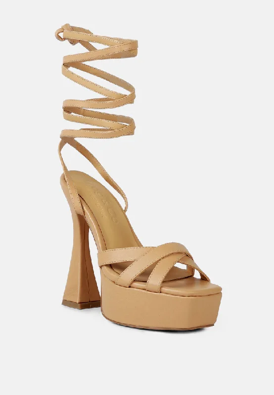 Women’s sandals strappy bold chic -SPLITSOUL Nude Lace Up High Platform Sandal