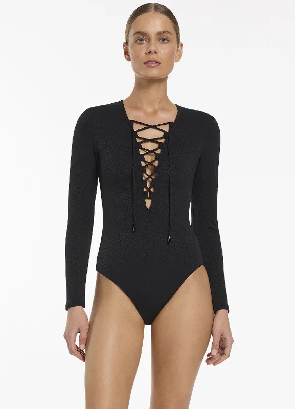 Women’s one-piece swimsuit cruise elegance -Joali Tie Front Plunge Surfsuit - Black