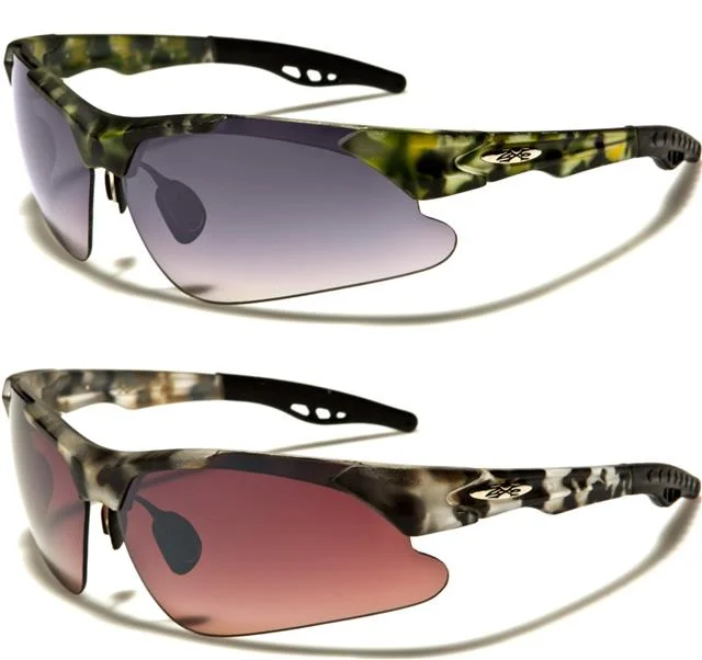 ladies sunglasses sharp curve -X-Loop Semi-Rimless Camo Sports Wrap Around sunglasses