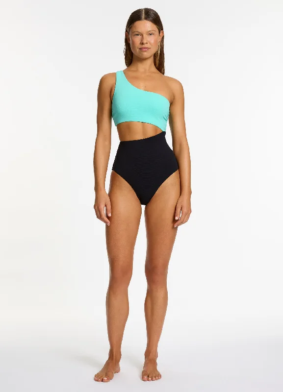 Women’s one-piece swimsuit mint breeze -Versa Rib One Shoulder One Piece - Black / Dolce