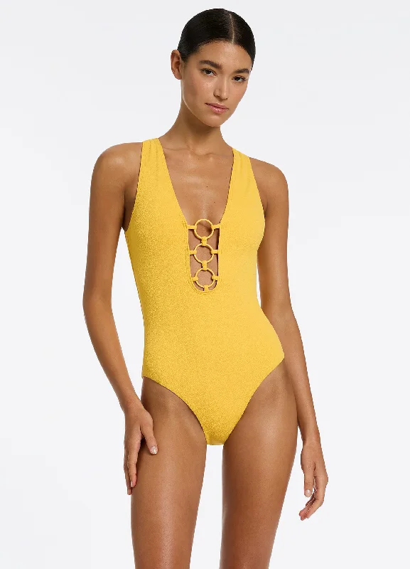 Women’s one-piece swimsuit swim cap pair -Alessia Plunge One Piece - Sunflower