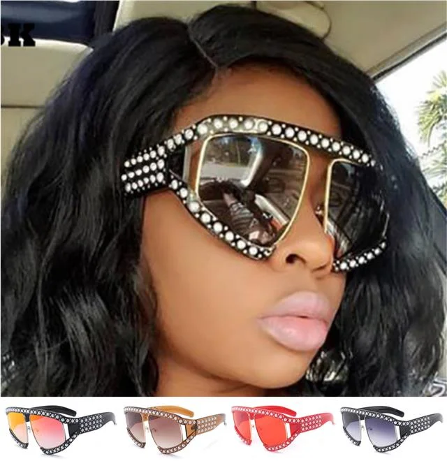 ladies sunglasses haze proof -Designer Oversized Pearl Wrap Sunglasses for Women