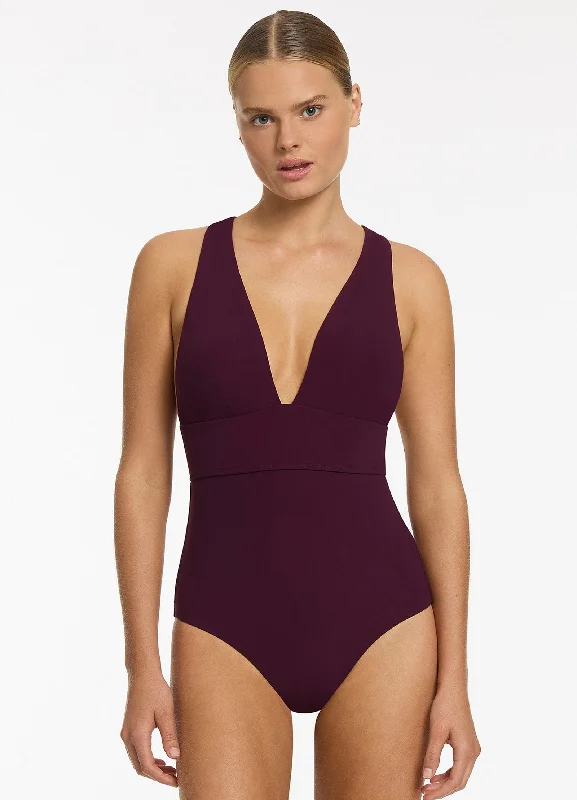 Women’s one-piece swimsuit subtle glow -Jetset Plunge Tie Back One Piece - Port